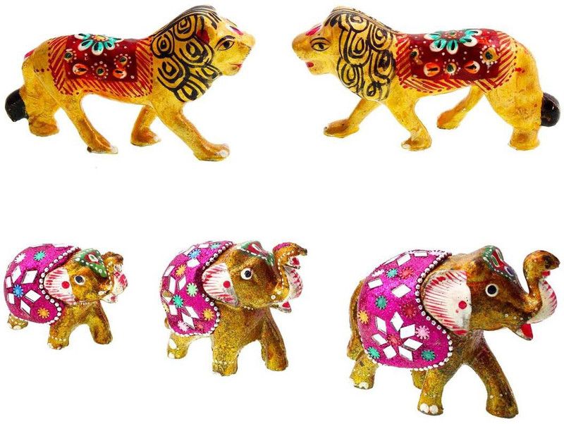 Halowishes Halowishes Enamel Work Pure Brass Lion Pair & 3 Elephant Showpiece Combo Set Decorative Showpiece - 11 cm  (Brass, Paper Mache, Multicolor)