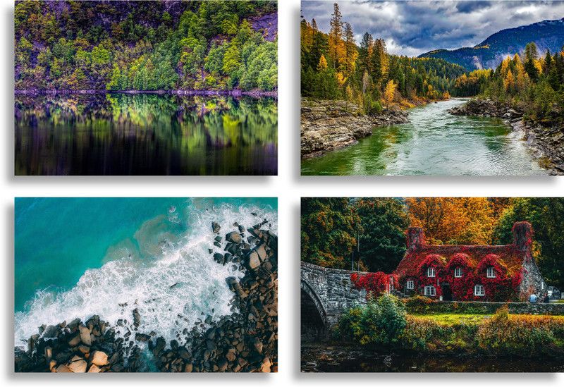 PRINTHUBS 30.48 cm Natural Beautiful Scenery Poster for Room Home Wall Decor (Size 12x18 Inch)S71 Removable Sticker  (Pack of 4)