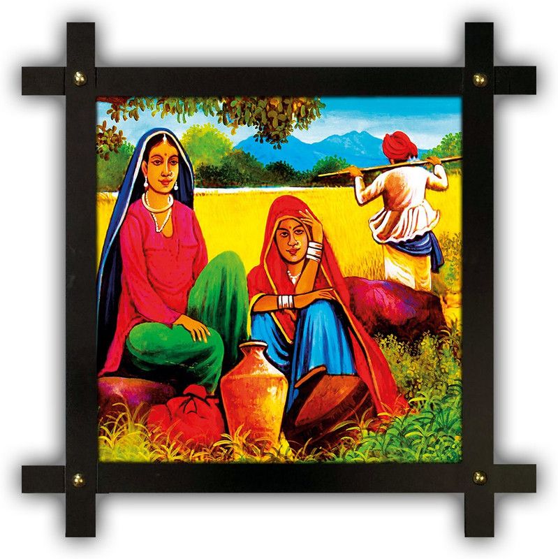 Poster N Frames Cross Wooden Frame Hand-Crafted with photo of Rajasthani Art 18345-12x12-crossframe Digital Reprint 16.5 inch x 16.5 inch Painting  (With Frame)