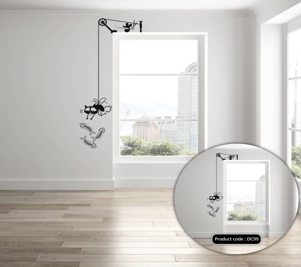 Cat and Fish Door Corner Vinyl decals Removable Wall Sticker