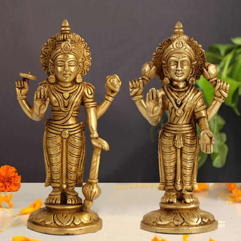 Banshi Handicrafts and Arts 7" Brass Vishnu Lakshmi Statue, Standing Lakshmi Narayan Statue Decorative Showpiece - 18 cm  (Brass, Gold)