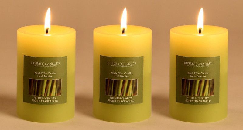 Hosley Set of 3 Fresh Bamboo 4Inchs Pillar Candles Candle  (Green, Pack of 3)