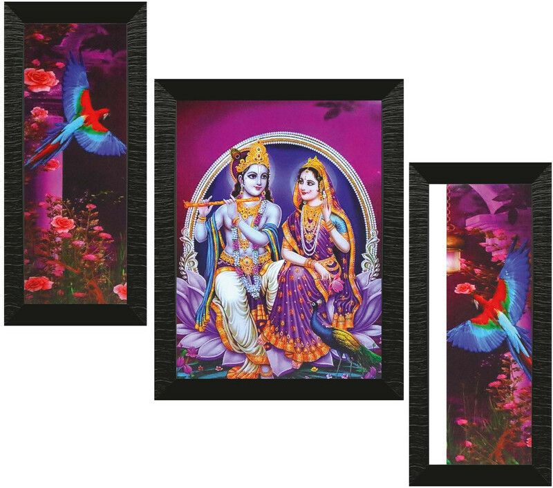 RAC RAC Set of 3 Radha Krishna UV Textured Framed Wall Paintings 12X18 INCH Digital Reprint 18 inch x 12 inch Painting  (With Frame, Pack of 3)