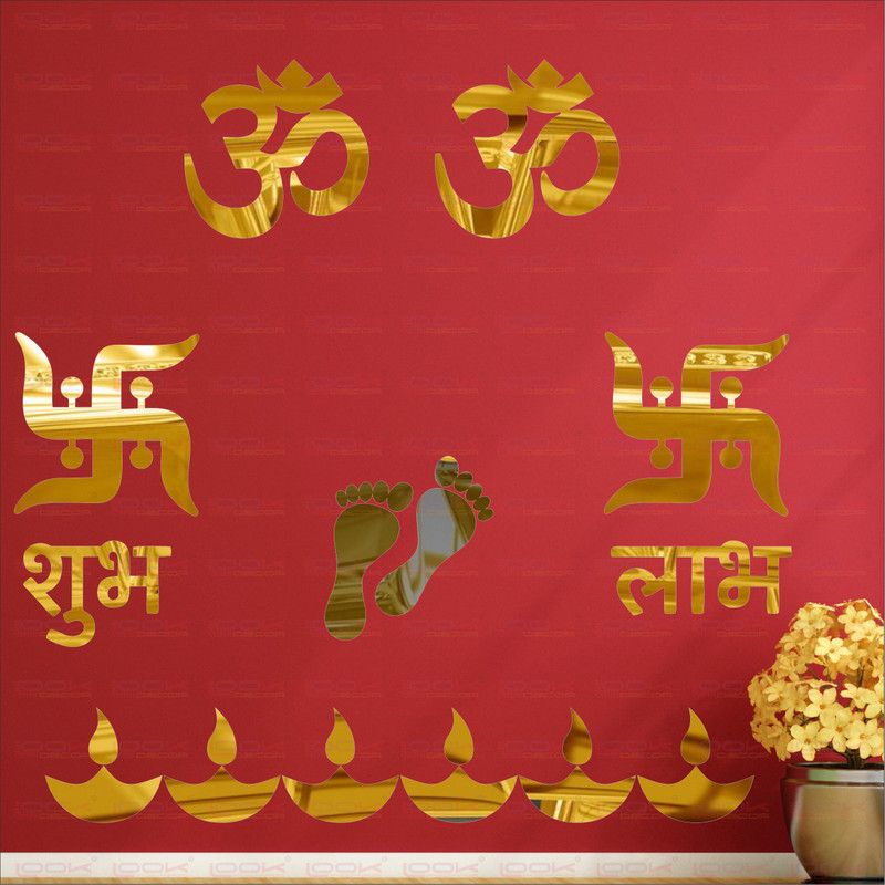 LOOK DECOR 80 cm Om Swastik Gold(Pack Of 14)5 Self Adhesive Sticker  (Pack of 14)