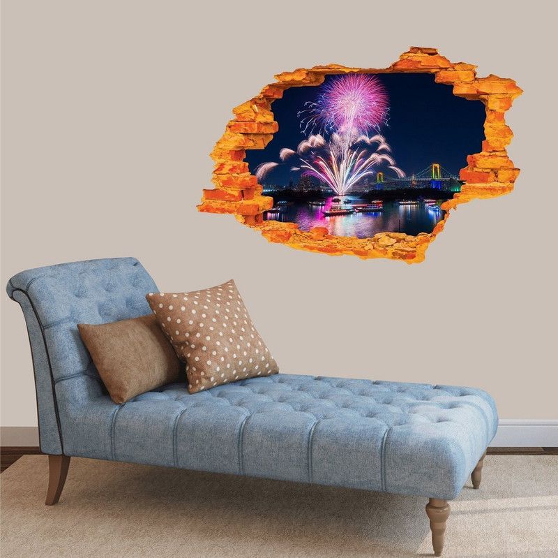 Asmi Collections 90 cm Tokyo Fire Works Broken Wall Illusion Removable Sticker  (Pack of 1)