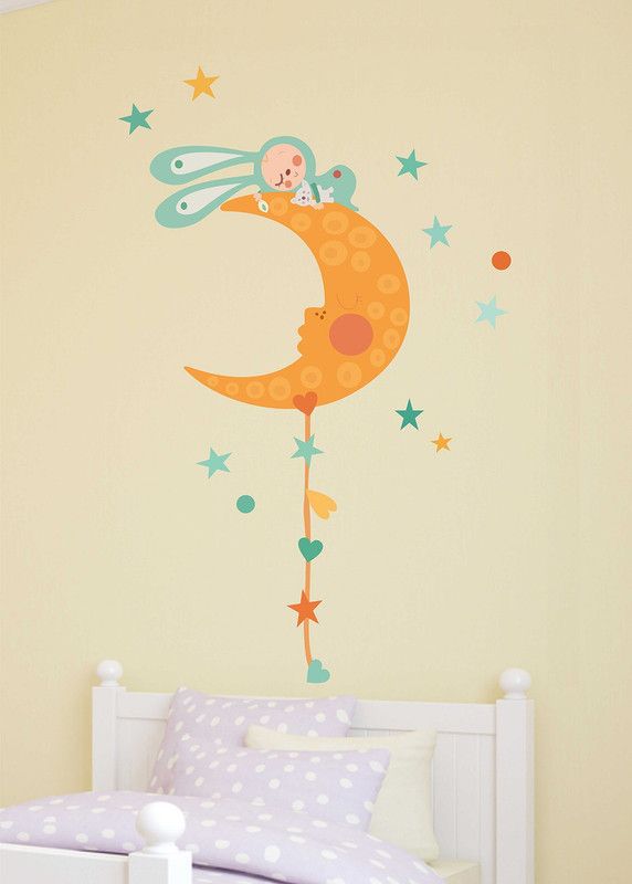 Wollfill 57 cm Beautiful Bunny & Moon Kids Room Decorative wallsticker Self Adhesive Sticker  (Pack of 1)