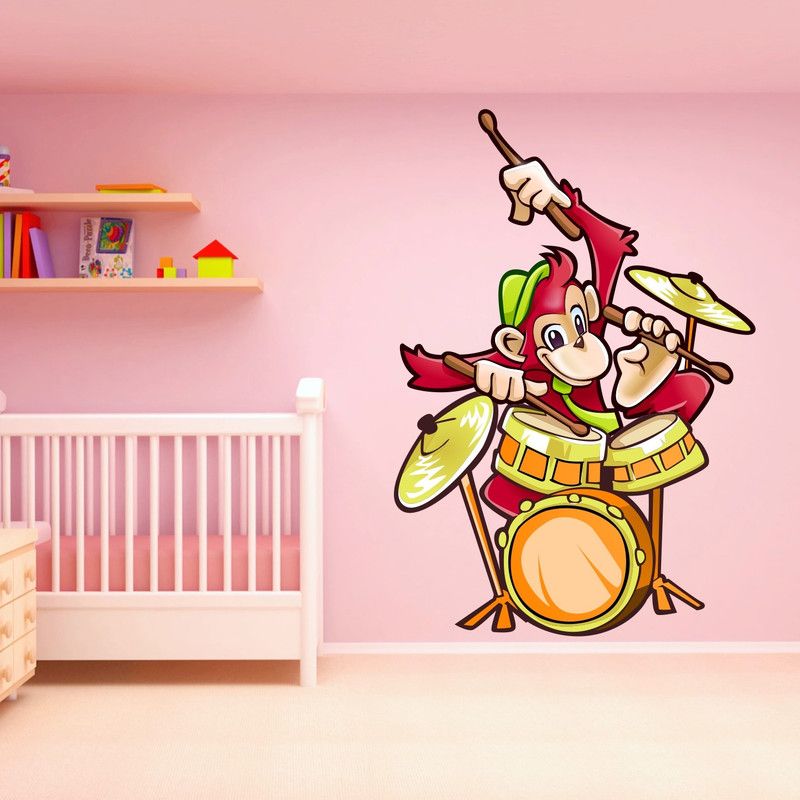 StickMe 100 cm Funny Monkey Drums Cartoon Wall Sticker - SM 371 Self Adhesive Sticker  (Pack of 1)