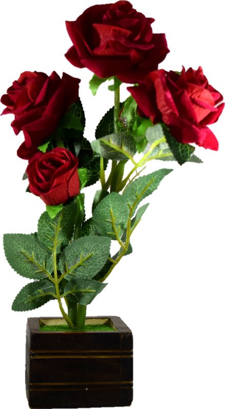 RASHMI CREATION RASCR85 Red Rose Artificial Flower with Pot  (11 inch, Pack of 5, Flower Bunch)