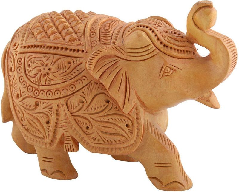Skywalk Hand Crafted Wooden Carved Elephant with Trunk Up - Fine Carving Upper Trunk Elephant Figuring Decorative Showpiece - 4 cm  (Wood, Brown)