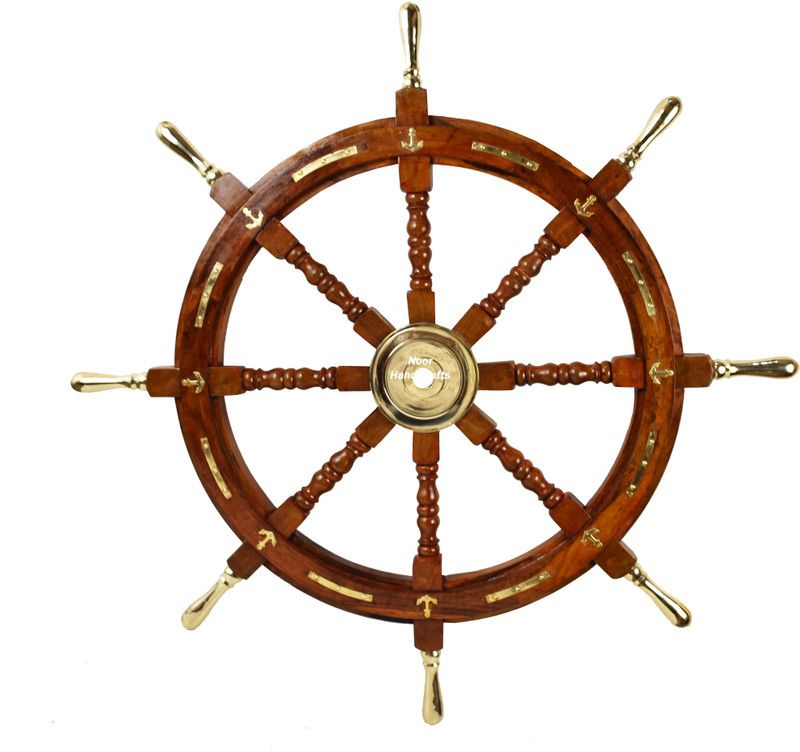 noor handicrafts Nautical Premium Sailor's Hand Crafted Brass & Wooden Ship Wheel Gift Decor | Boat Collectibles (Anchor & Strips with Brass Handles, 24 Inches) Decorative Showpiece - 61.5 cm  (Wood, Brown)
