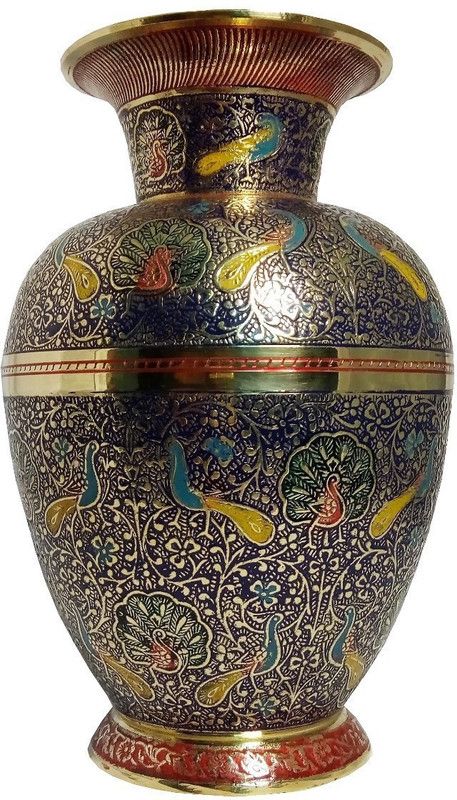 MOZO HUB Hand Crafted Brass Navy Blue Flower vase Pattern Brass Vase  (5.9 inch, Blue)
