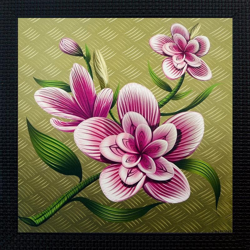 Janki Pink Flowers Taxture Wall Hanging Canvas 14 inch x 14 inch Painting  (With Frame)