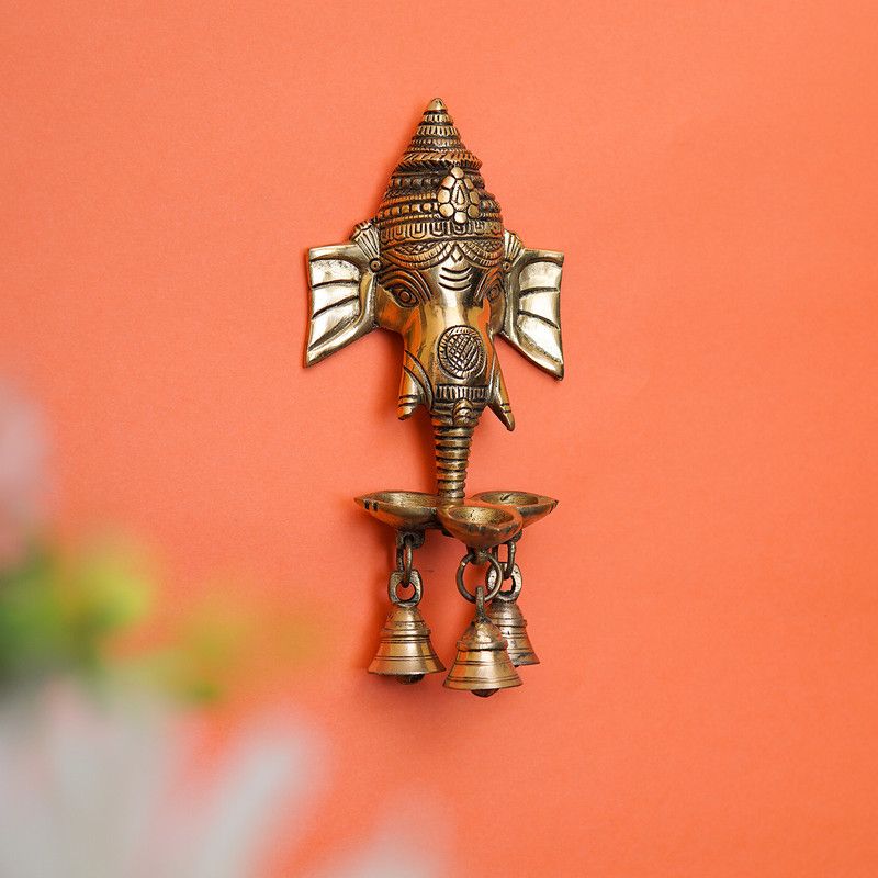 StatueStudio Brass Diya Ganesha Diya with Bells Pooja Oil Lamp For Home Decor & Diwali Gift Brass Table Diya  (Height: 8.5 inch)