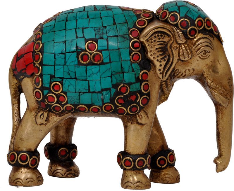 Aesthetic Decors Elephant Trunk Down With Stone Work Decorative Showpiece - 10.2 cm  (Brass, Multicolor)