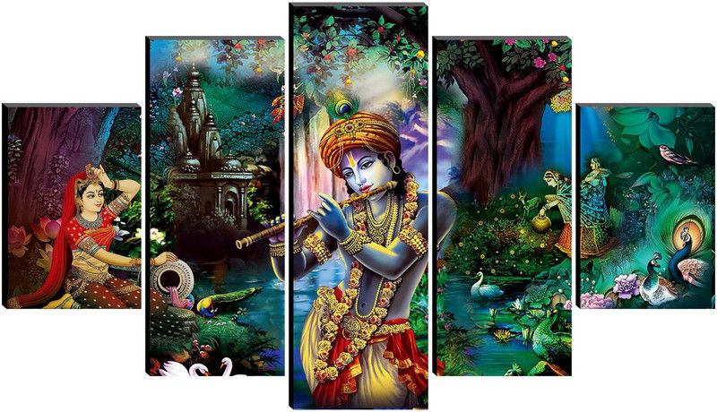 SNDArt Radha Krishna Art Print Design Set of 5 MDF Frame Self Adhesive Panel Wall Decor Digital Reprint 18 inch x 30 inch Painting  (Without Frame, Pack of 5)