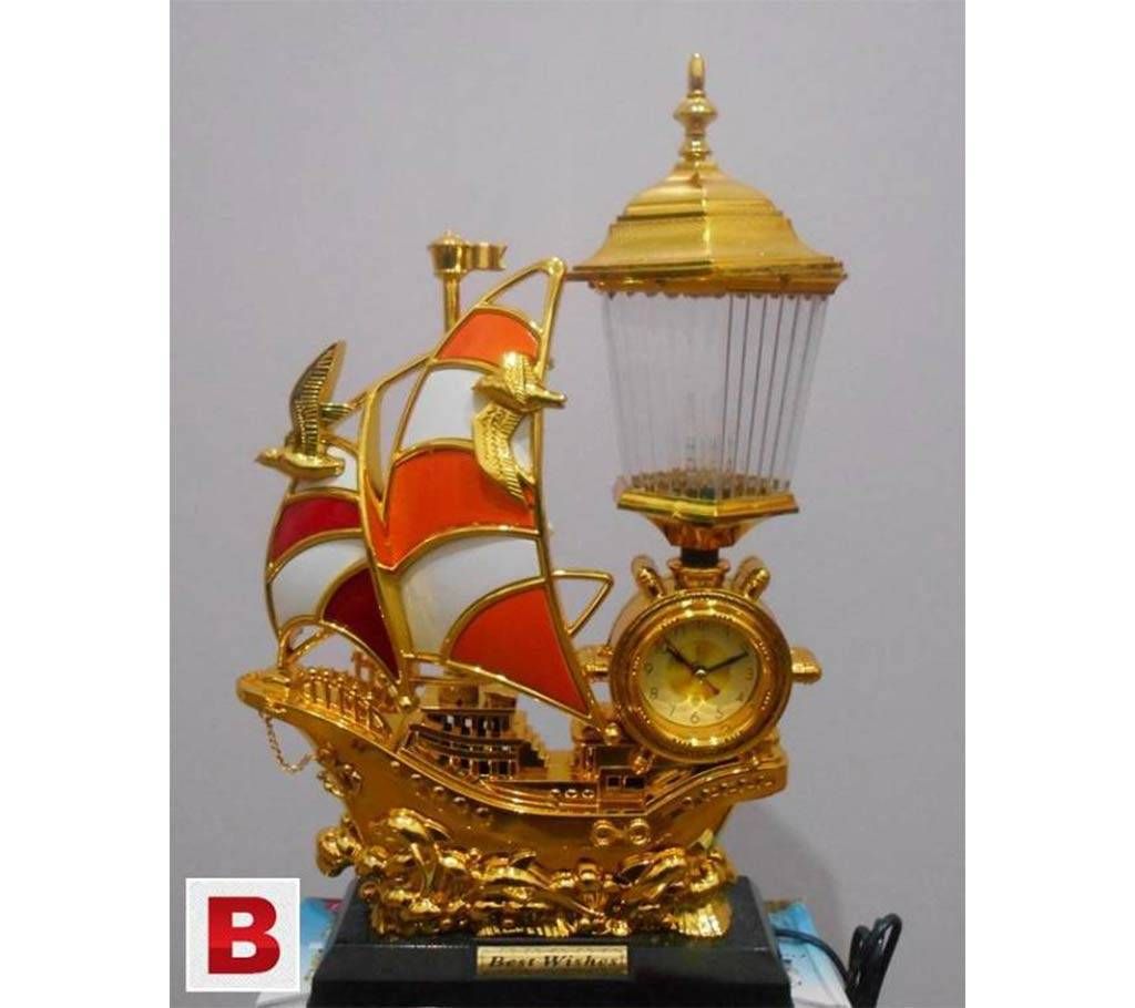 Table Clock in a Plastic Sailing Ship with Lamp
