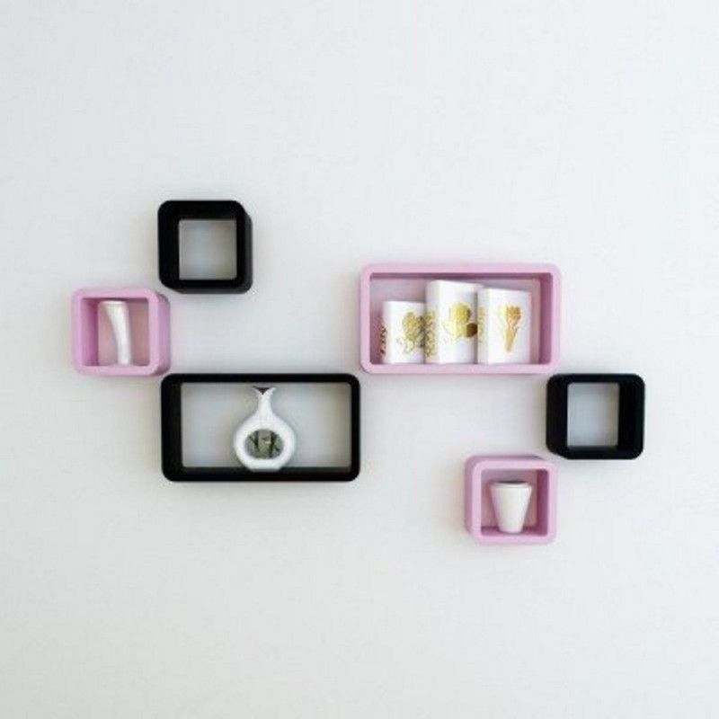 Cherry Wood MDF Wall Decoration Shelf Set of 6 Cube & Rectangle Wall Shelves (Pink & Black) MDF (Medium Density Fiber) Wall Shelf  (Number of Shelves - 6, Pink, Black)