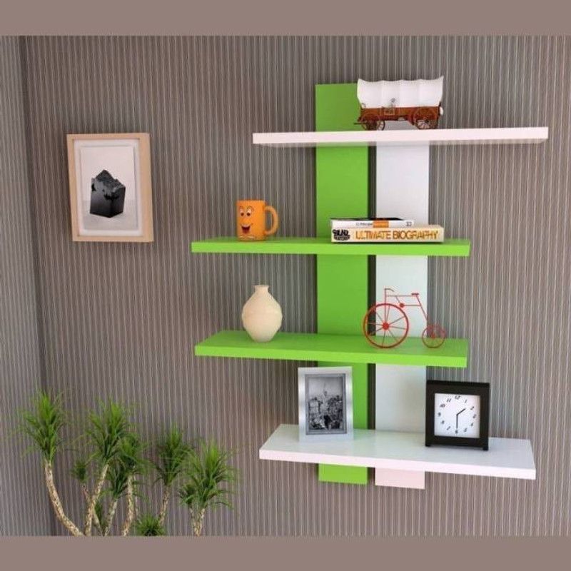 OnlineCraft wooden wall shelf double patti green ,white Wooden Wall Shelf  (Number of Shelves - 4, Green)