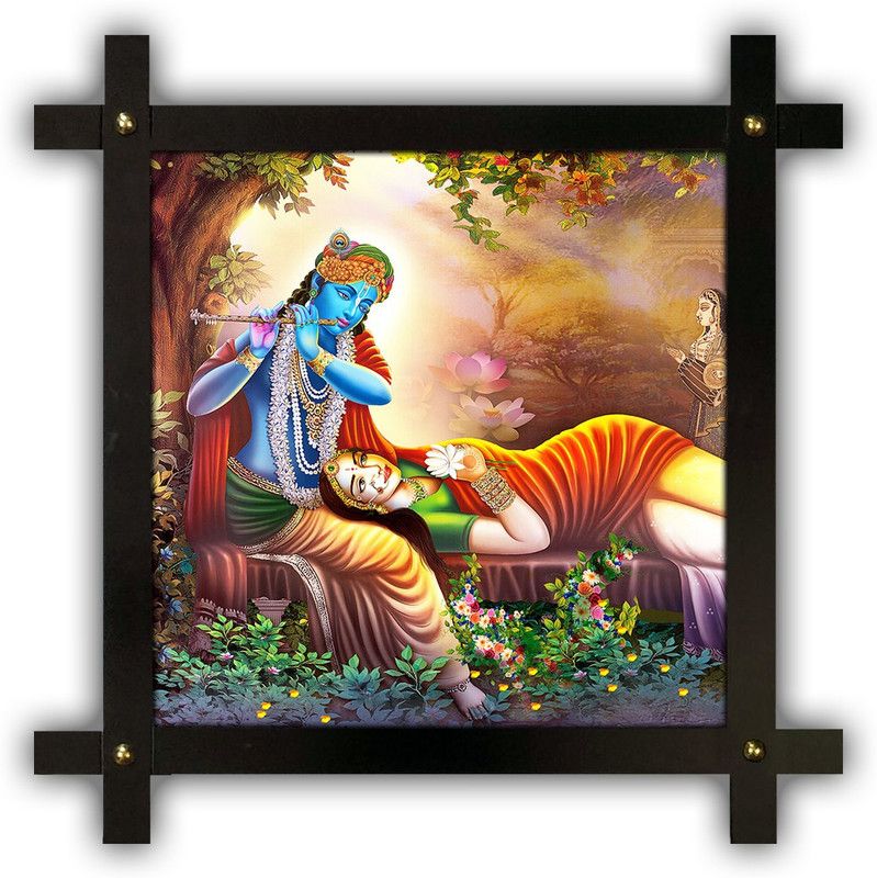 Poster N Frames Cross Wooden Frame Hand-Crafted with photo of Radha Krishna 5563 Digital Reprint 16.5 inch x 16.5 inch Painting  (With Frame)