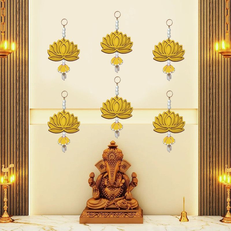 GIFT JAIPUR Yellow Lotus Wall Hanging Jhumka Latkan Diwali Home Temple Door Toran Decoration Pack of 6  (Yellow)