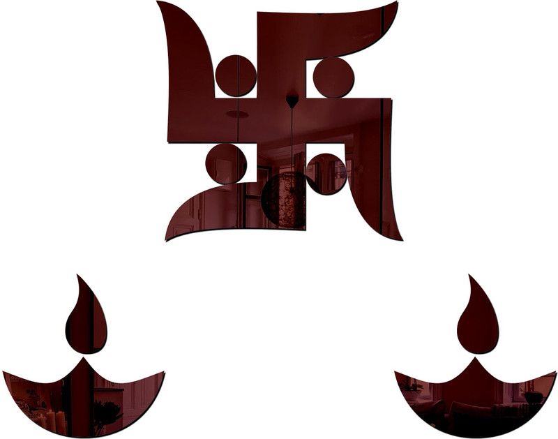 wall1ders 15 cm Swastik and 2 Diya Brown Self Adhesive Sticker  (Pack of 3)
