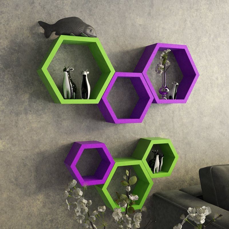 UNIQUE CRAFT HOUSE MDF Wall Mount Hexagon Floating Wall Shelf For Home & Living Decor - Green & Purple MDF (Medium Density Fiber), Wooden Wall Shelf  (Number of Shelves - 6, Purple, Green)