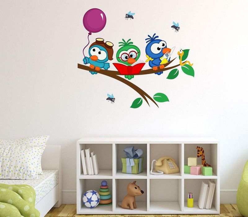 Asmi Collections 80 cm Cute Birds on a Tree Branch Self Adhesive Sticker  (Pack of 1)