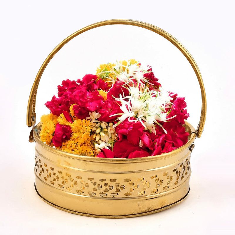 SVC Handicrafts Brass Flower Basket for Pooja (L : 19 Cm W: 14 Cm H: 7.5 Cm) Brass Flower Basket  (W: 14 cm x H: 7.5 cm x D: 14 cm)