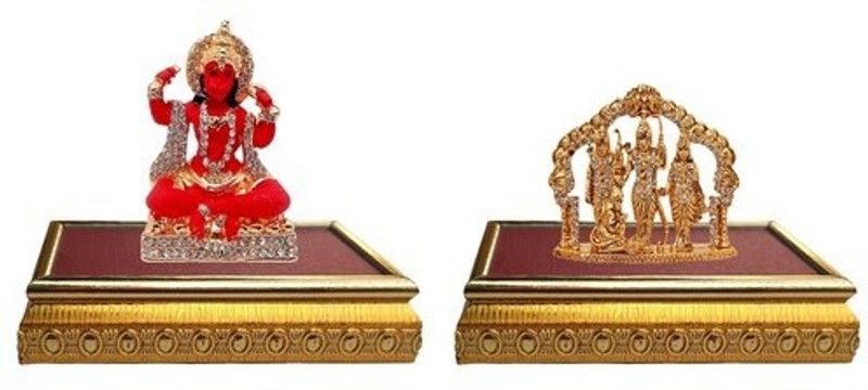 9facts Set of 2 with wooden base Lord Hanuman Mandir Home Decor God Statue & Ram Darbar / Lord Rama ,Sita, Laxman and Hanuman Idol God Statue Decorative Showpiece Decorative Showpiece - 10 cm  (Brass, Multicolor)