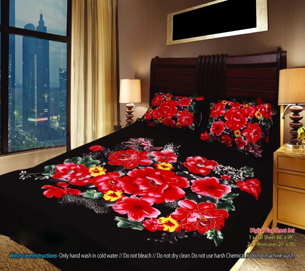 Panel Bedsheet- Black with Red Flower - ANJ