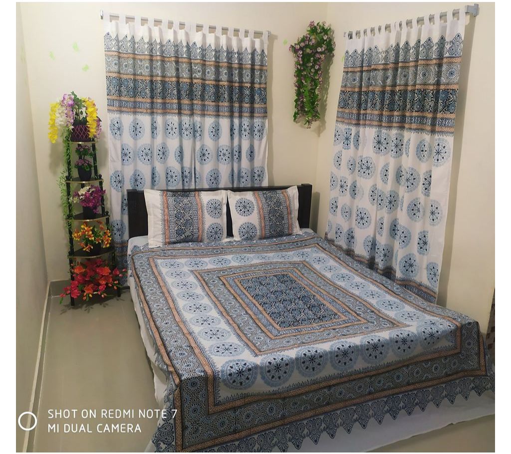 King Size Cotton Multi colors  Block Printed Bed Sheet with Matching 2 Pillow Covers-32