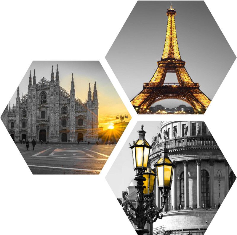 saf EIFFEL TOWER SET OF 3 HEXAGON UV COATED DIGITAL REPRINT PAINTING Digital Reprint 17 inch x 17 inch Painting  (Without Frame, Pack of 3)