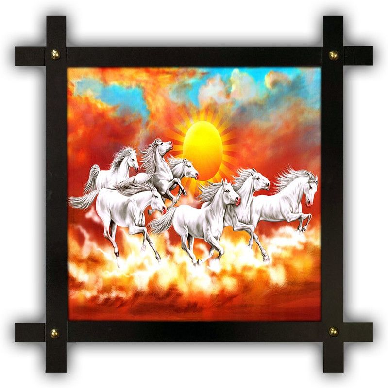 Poster N Frames Cross Wooden Frame Hand-Crafted with photo of vastu 7 (Seven) Horse 17458 crossframe Digital Reprint 16.5 inch x 16.5 inch Painting  (With Frame)