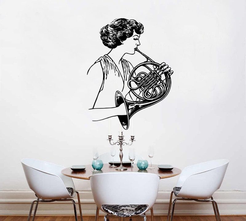 Archi Graphics Studio 43 cm Cute girl plying franch horn black decal wall sticker for decorate home (pvc vinyl ) Self Adhesive Sticker  (Pack of 1)