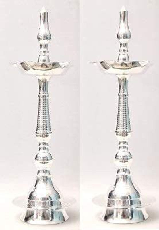 damurhu Shiv Brass Silver Coated Kerala Fancy Kuthuvilakku Samai Mahabharat Shamai Vilaku Oil Lamp Table Shiny Diya Set (King -15 Inch, Golden) - Pack of 2 Size-7 Silver (Pack of 2) Table Diya Set  (Height: 15 inch)