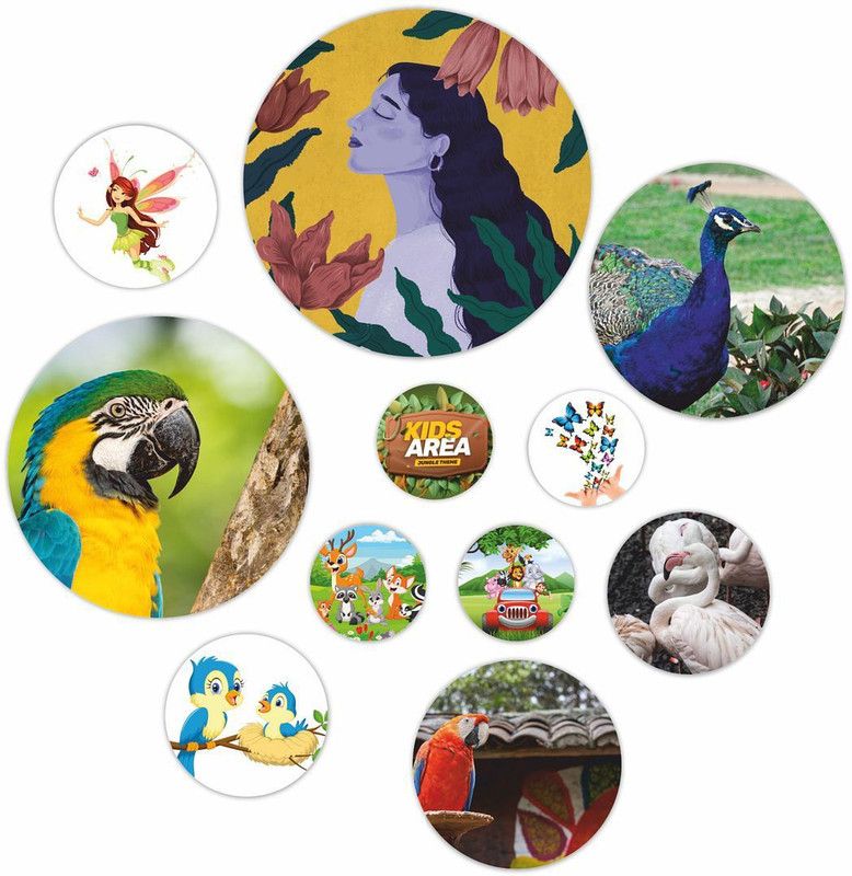 KREEPO Cute Jungle Theme Kids Area on MDF Round Shape Wall Decor Item 11pcs_k3 Pack of 11  (Multicolor)