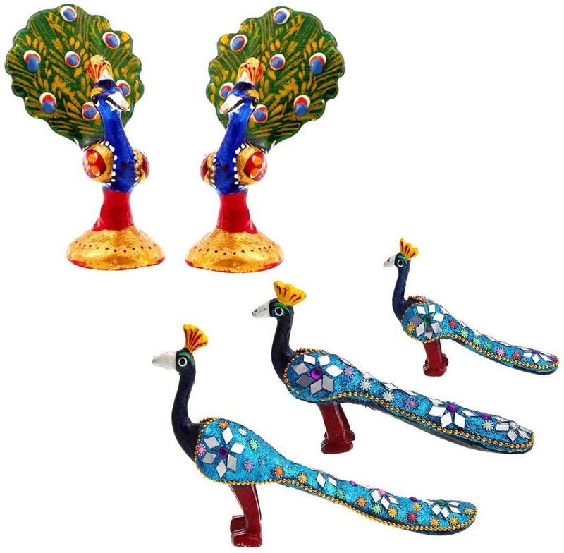 Halowishes Halowishes Dancing Peacock Pair & Maharaja's Elephant Pair Combo Set Decorative Showpiece - 13 cm  (Brass, Paper Mache, Multicolor)