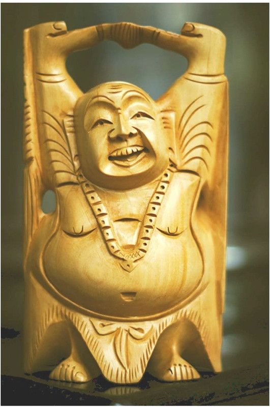 Rimesh Arts and Crafts WOODEN LAUGHING BUDDHA STATUE Decorative Showpiece - 20 cm  (Wood, Yellow)