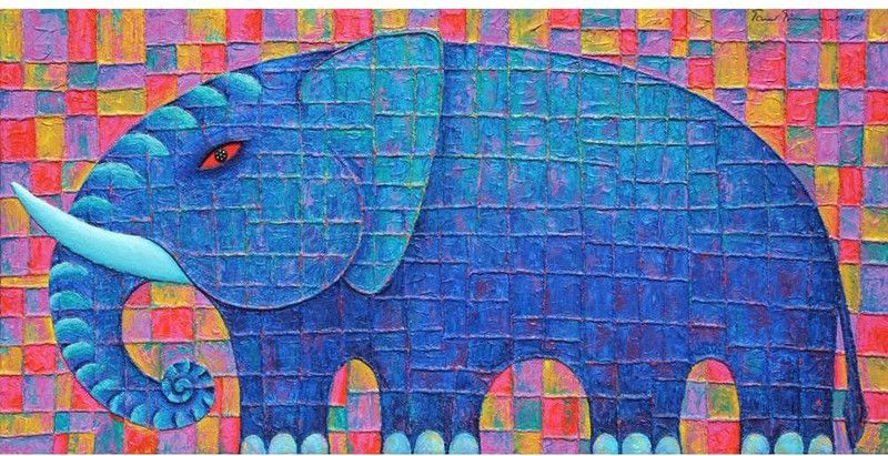 Blue Elephant Canvas Painting | MDF Wood Frame Canvas 12 inch x 23.9 inch Painting