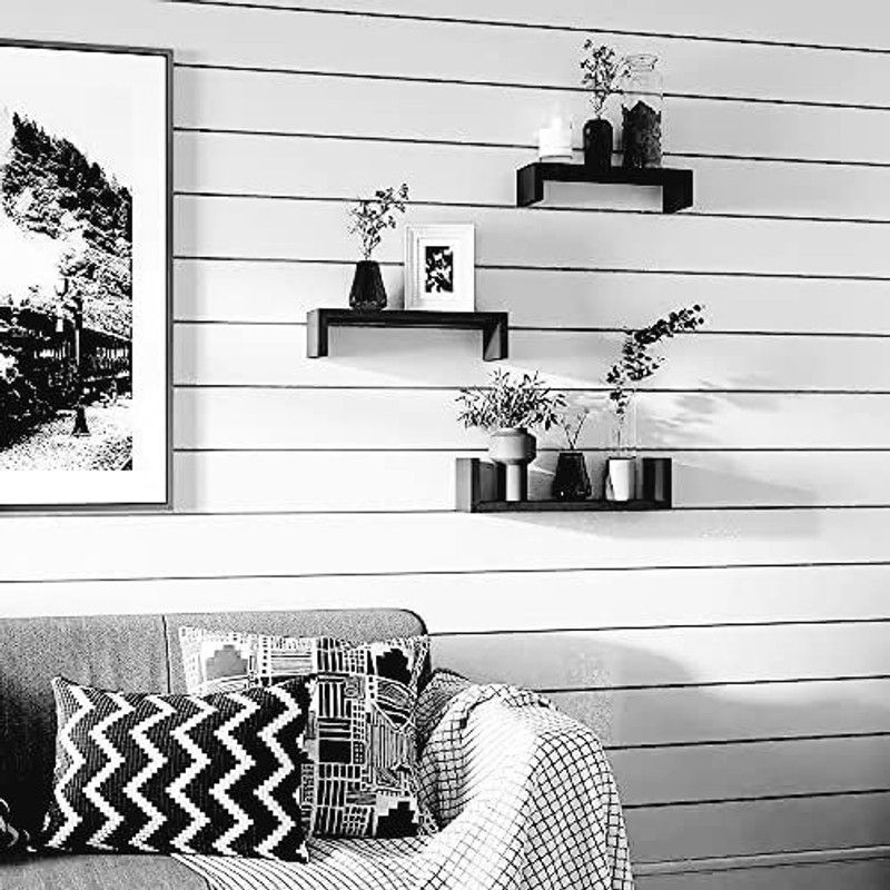 Woodeniya U-Shape Floating Wall Shelves for Decoration Set of 3 Wooden Wall Shelf Black Wooden Wall Shelf  (Number of Shelves - 3, Black)