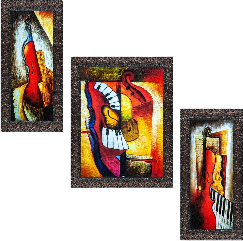 Indianara Set of 3 Musical Instrument Framed Art Painting (344GBN) without glass )6 X 13, 10.2 X 13, 6 X 13 INCH) Digital Reprint 13 inch x 10.2 inch Painting  (With Frame, Pack of 3)