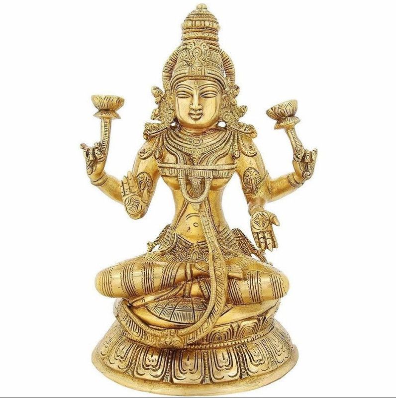 Idolsplace Made Shri Maha Lakshmi Idol/Maha Lakshmi Brass Idol/Dhan Lakshmi Brass Idol/Laxmi MATA Brass Idol for.900gms Decorative Showpiece - 11 cm  (Brass, Gold)