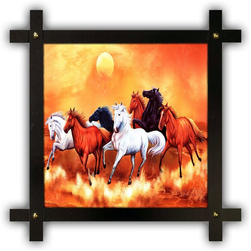 Poster N Frames Cross Wooden Frame Hand-Crafted with photo of vastu 7 (Seven) Horse 17545 crossframe Digital Reprint 16.5 inch x 16.5 inch Painting  (With Frame)