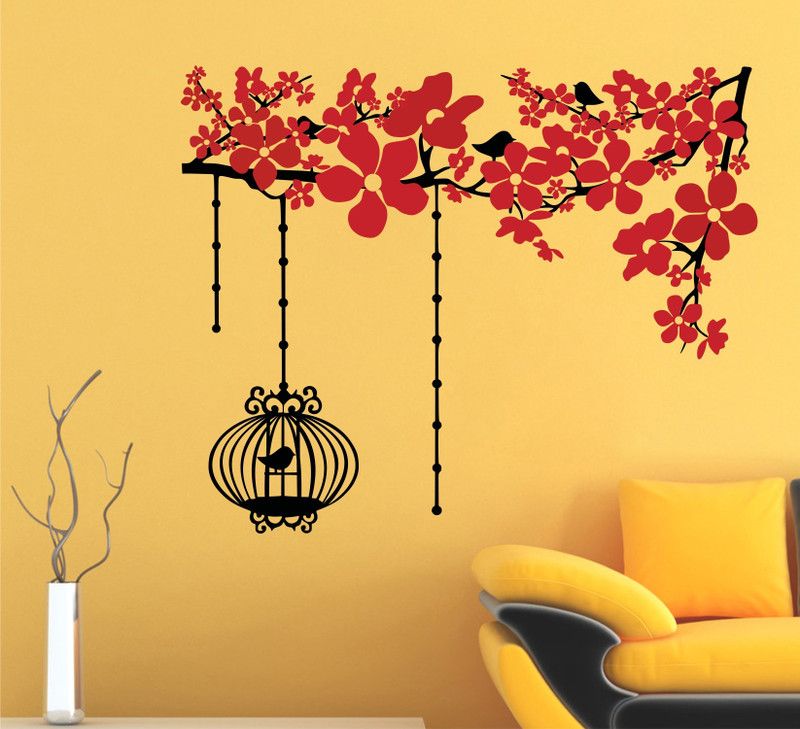 Stickers Mart 78 cm Red Flowers Lamp Lantern Hanging Wall Sticker Removable Sticker  (Pack of 1)