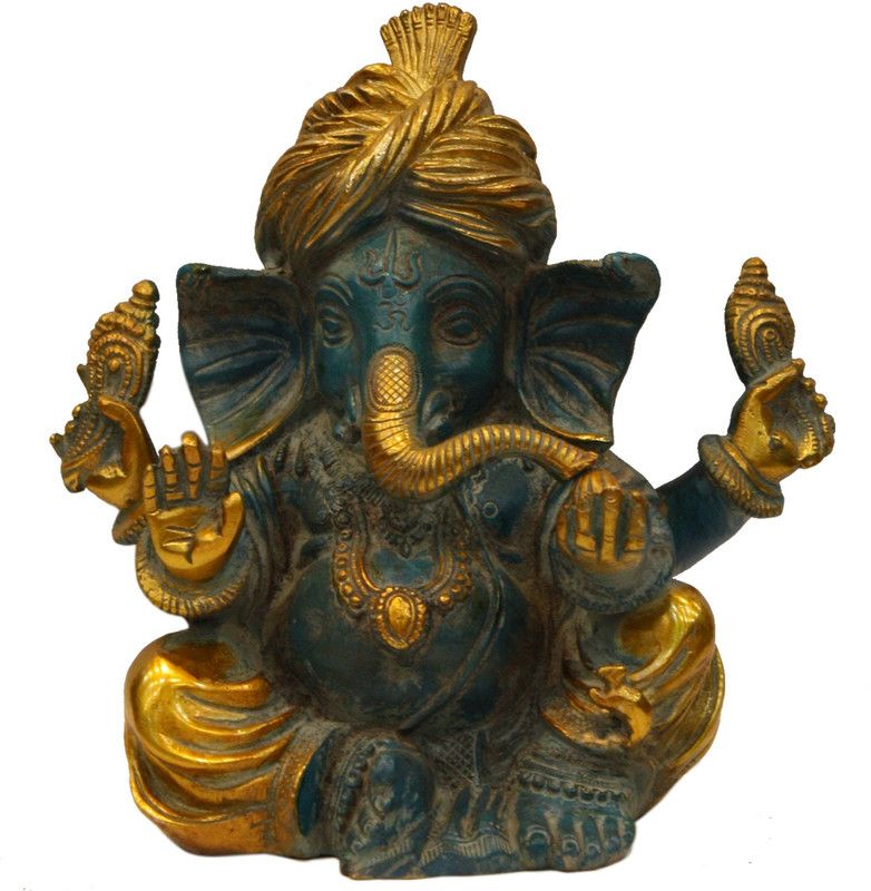 divineind Four-Armed Turban Ganesha Decorative Showpiece - 21 cm  (Brass, Multicolor)
