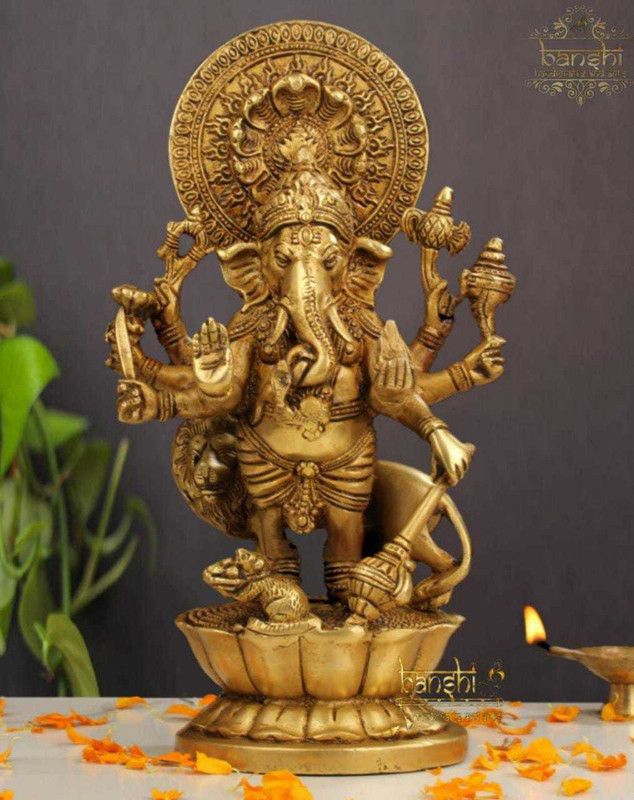 Banshi Handicrafts and Arts 12" Brass Lord Ganesha Statue, Drishti Ganesha Idol Decorative Showpiece - 30 cm  (Brass, Gold)
