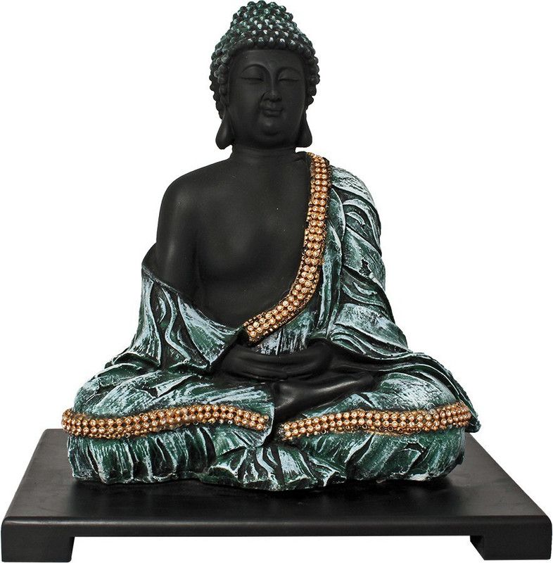 ART N HUB Lord Buddha/Meditating&Resting Gautam Buddh God with wooden base Vastu Statue Decorative Showpiece - 30 cm  (Polyresin, Wood, Green, Black)