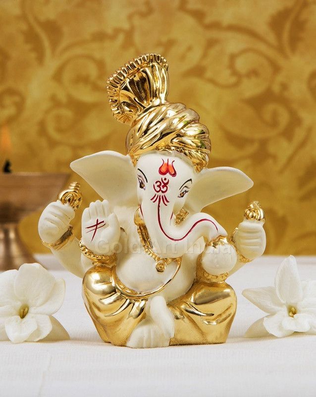 Gold Art India Gold Art India Gold plated off white pagdi Ganesha Lord Ganesha for Gift Ganesha for car Dashboard Ganesha Showpiece Diwali Gifts Birthday Gifts Decorative Showpiece - 7.6 cm  (Polyresin, Gold, Multicolor)