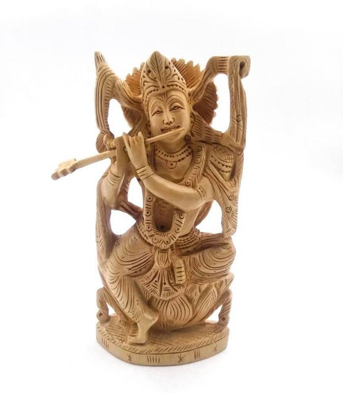 Shri Handicrafts Wooden Hand Carved God Krishna Idol Sculpture Art Home Decorative Figurine Feng Decorative Showpiece - 15.5 cm  (Wood, Brown)