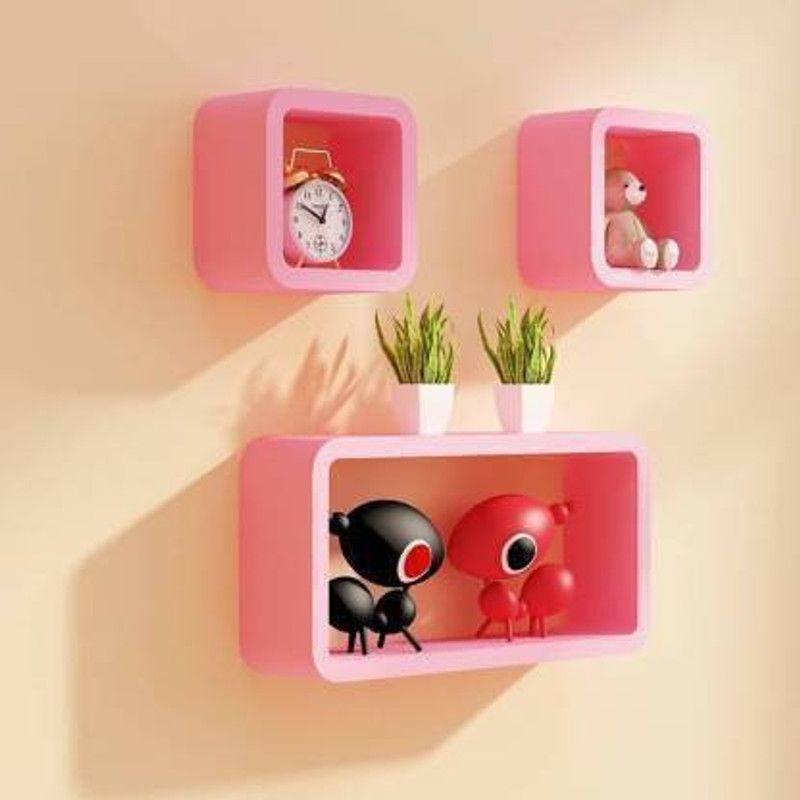 Home Decor MDF Cube & Rectangle Floating Wall Shelf Display Shelves for Home Living Room Set of 3 MDF (Medium Density Fiber) Wall Shelf  (Number of Shelves - 3, Pink)